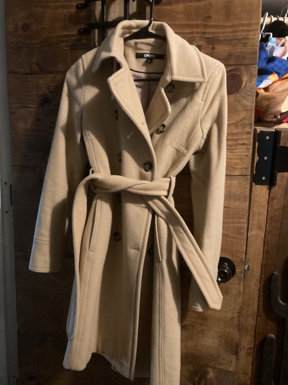 DKNY fall coat camel cashmere tan wool riding double breasted 2 midi trench - Picture 5 of 7